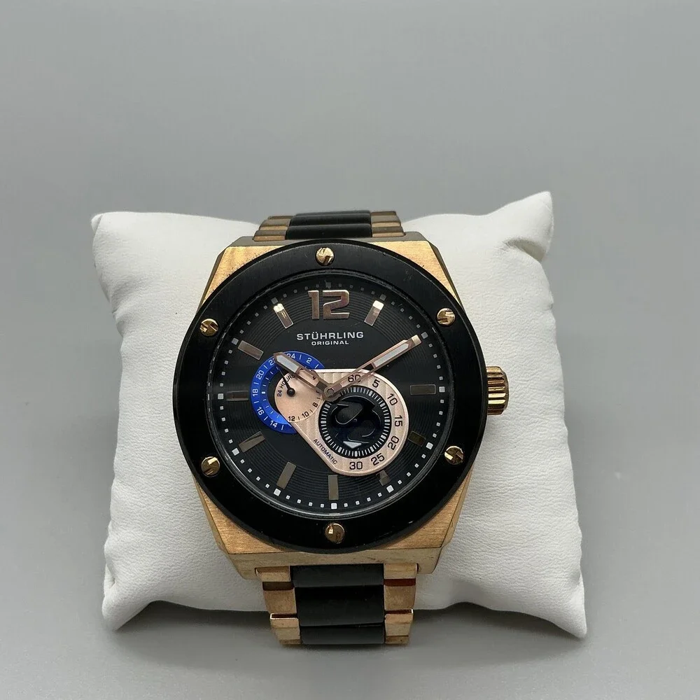 Stuhrling Original Mens Watch 49mm Black Dial Gold Tone Automatic 24-Hr 8.25